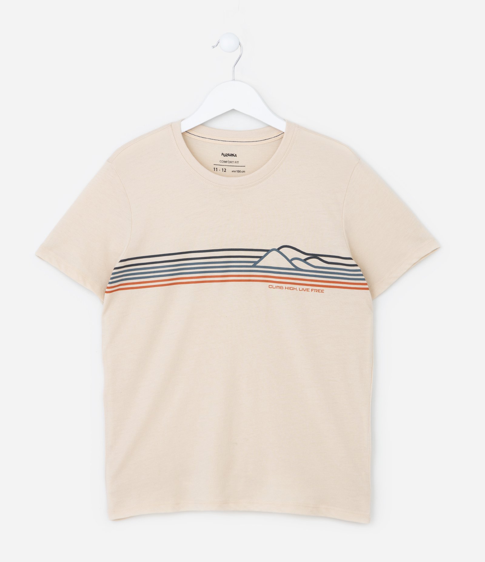Camiseta Infantil com Estampa de Montanhas e Listras - Tam 5 a 14 Anos Bege 1