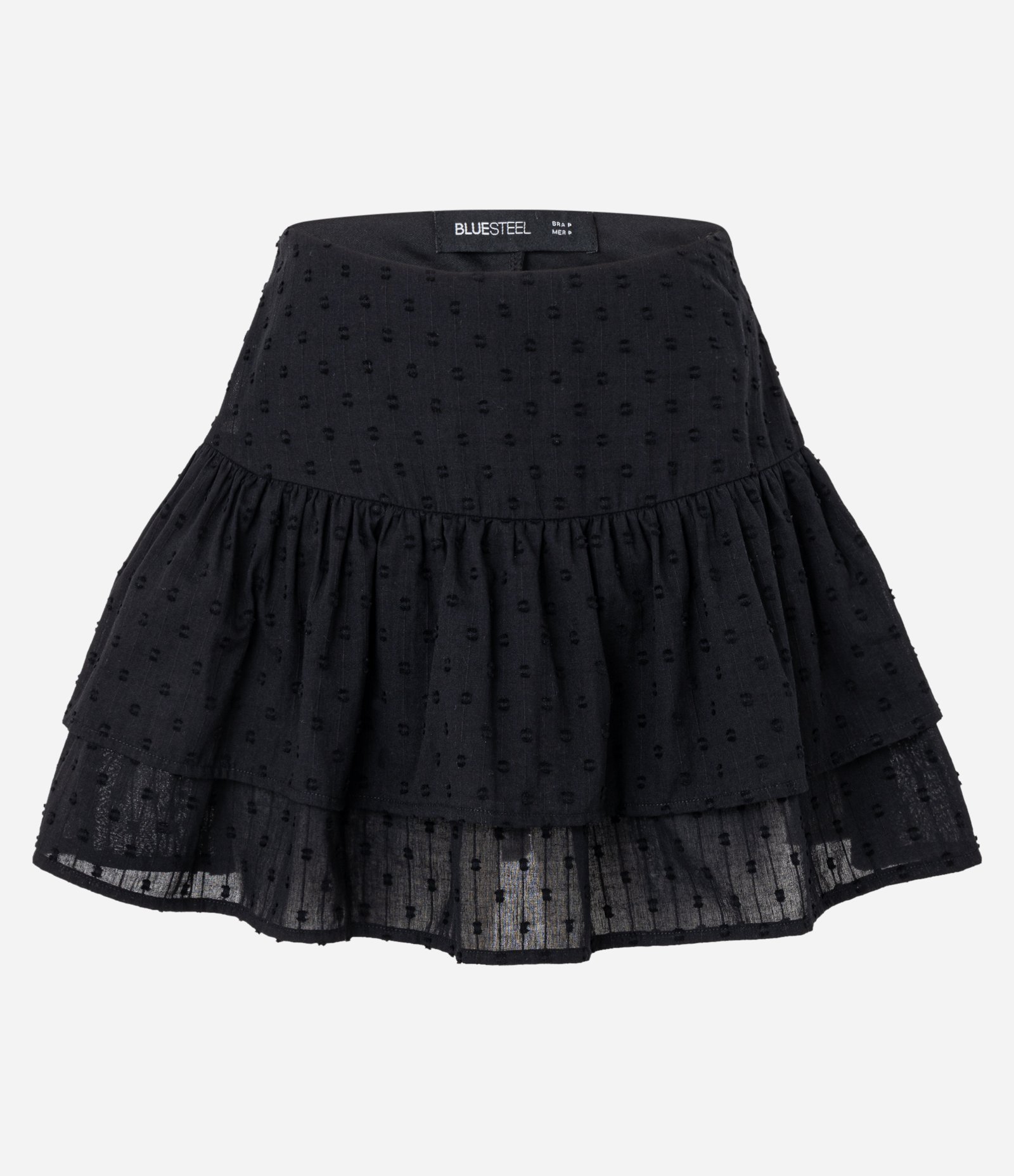 Short Saia em Viscose com Babados Duplos e Textura Preto 1