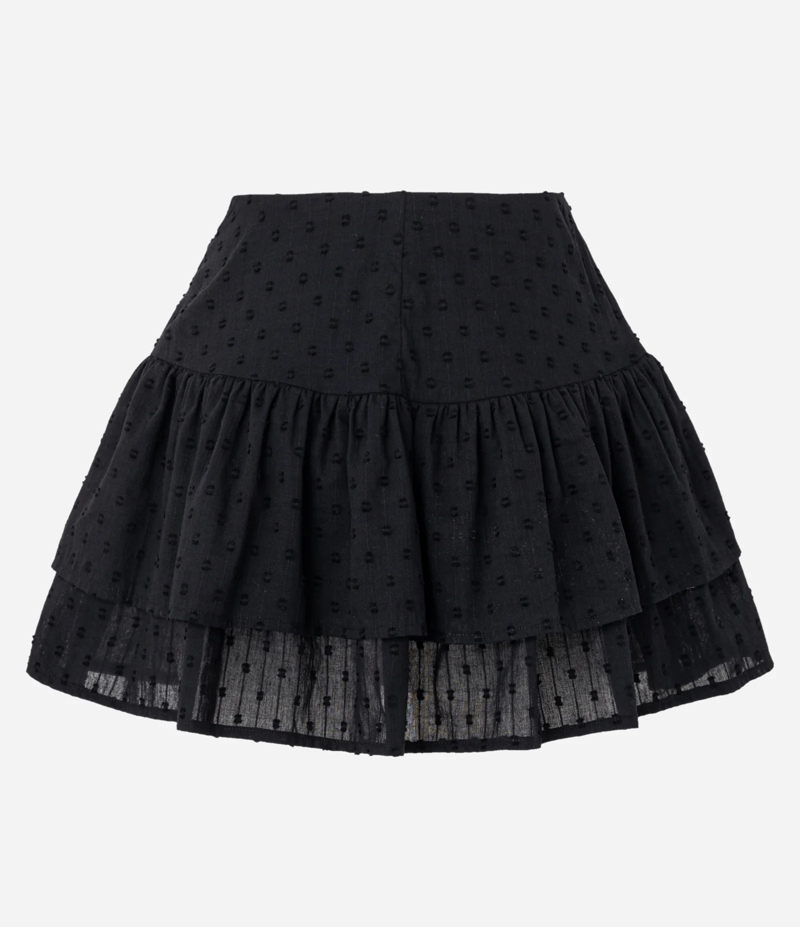 Short Saia em Viscose com Babados Duplos e Textura Preto 2