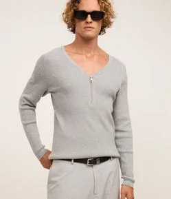 Suéter em Algodão com Gola em V Zíper e Manga Raglan
