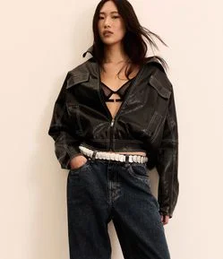 Jaqueta Bomber em PU com Pesponto Contrastante