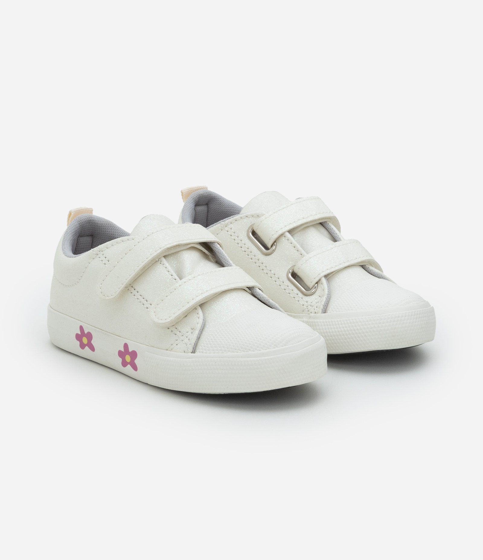 Tênis Casual Infantil com Brilhos e Estampa de Flores - Tam 20 a 27 Off White 1