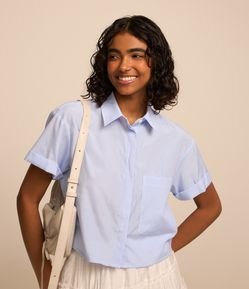 Camisa Cropped em Tricoline com Listras em Fio Tinto