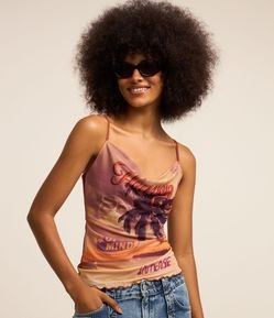 Blusa de Alça em Tule com Estampa Tropical com Frufru