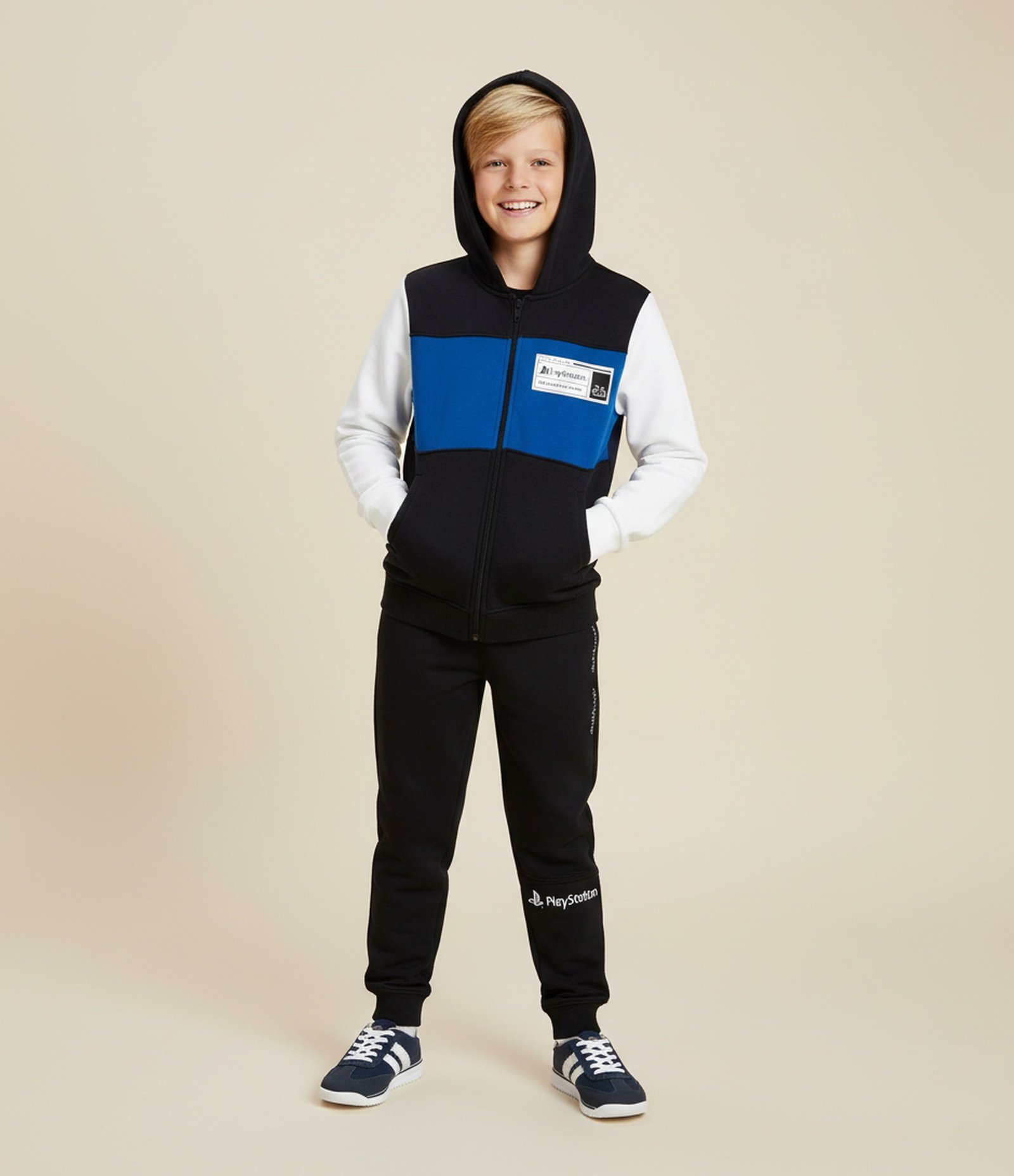 Casaco Infantil com Blocos de Cor e Estampa Playstation - Tam 5 a 14 Anos Preto/Azul/Branco 1