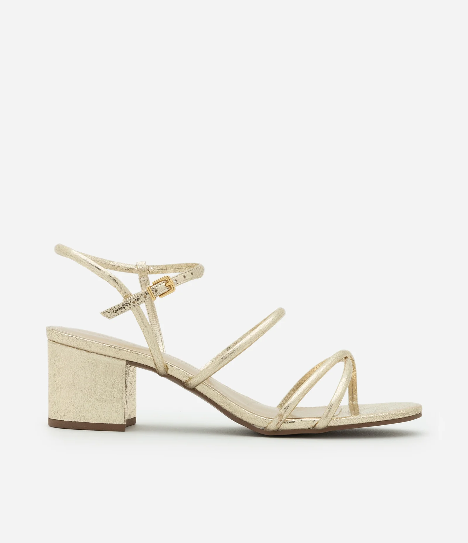 Sandália Metalizada com Tiras Finas e Salto Bloco Dourado 1