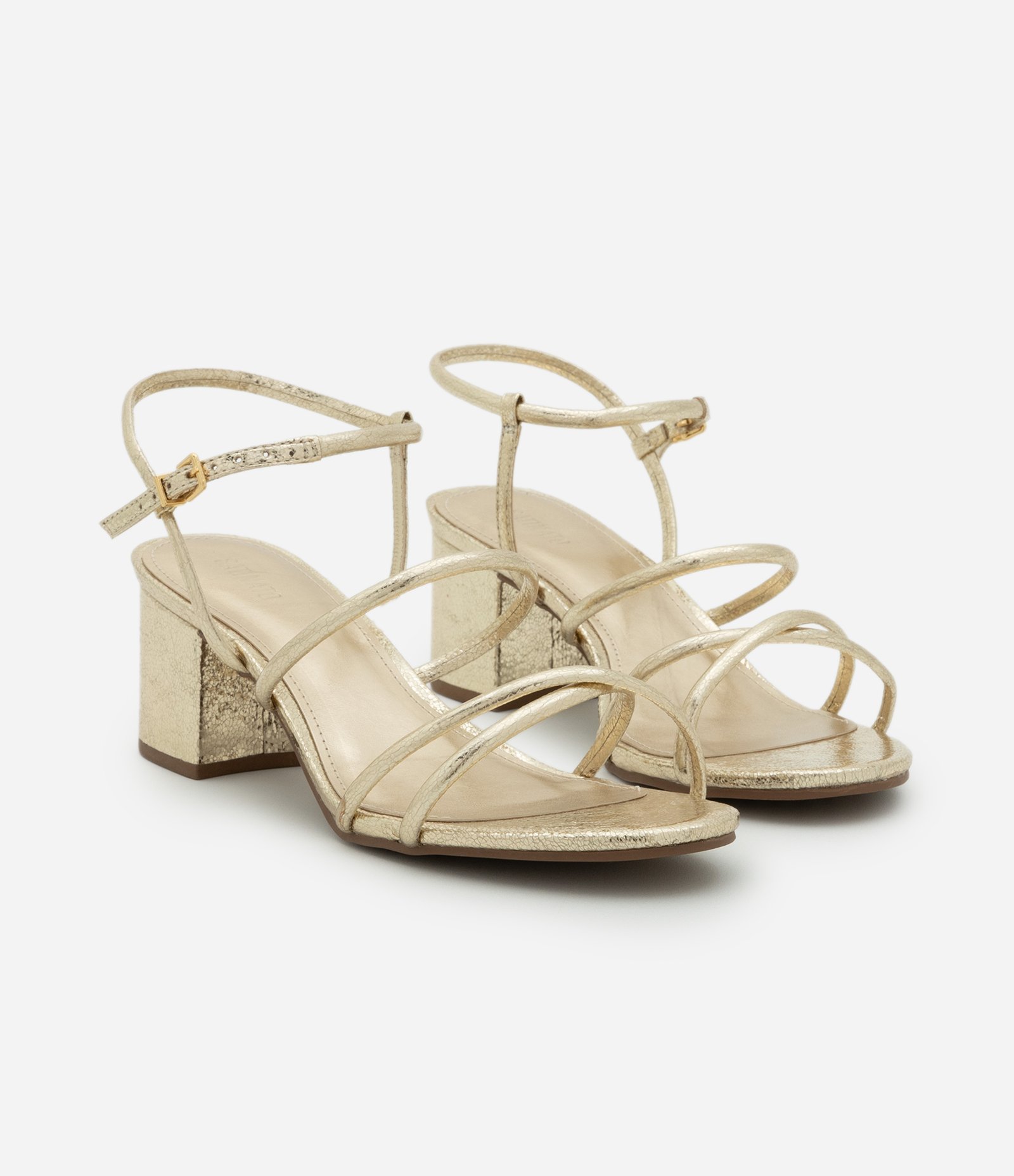 Sandália Metalizada com Tiras Finas e Salto Bloco Dourado 2