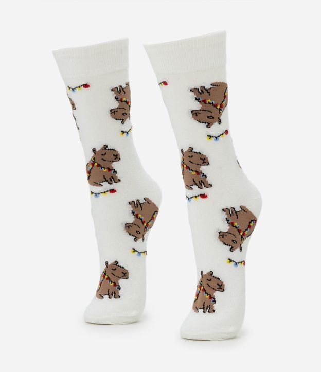 Meia Cano Alto em Algodão com Capivaras de Natal Estampadas