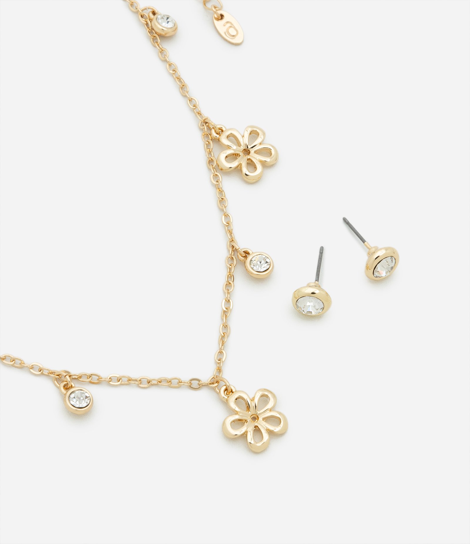 Conjunto de Colar e Brinco com Ponto de Luz e Florzinhas Dourado 1