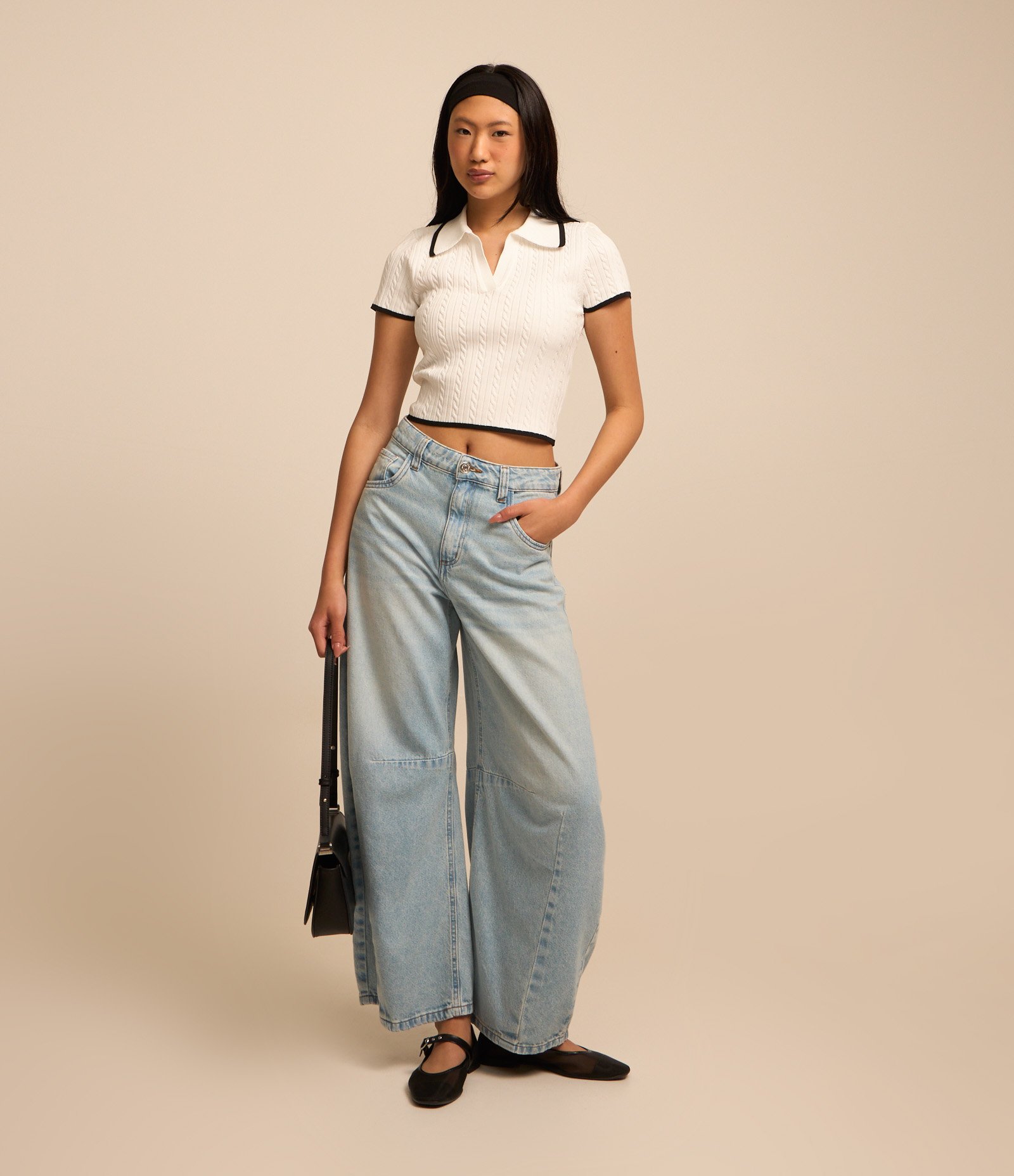 Calça Barrel em Jeans com Recortes Azul 1