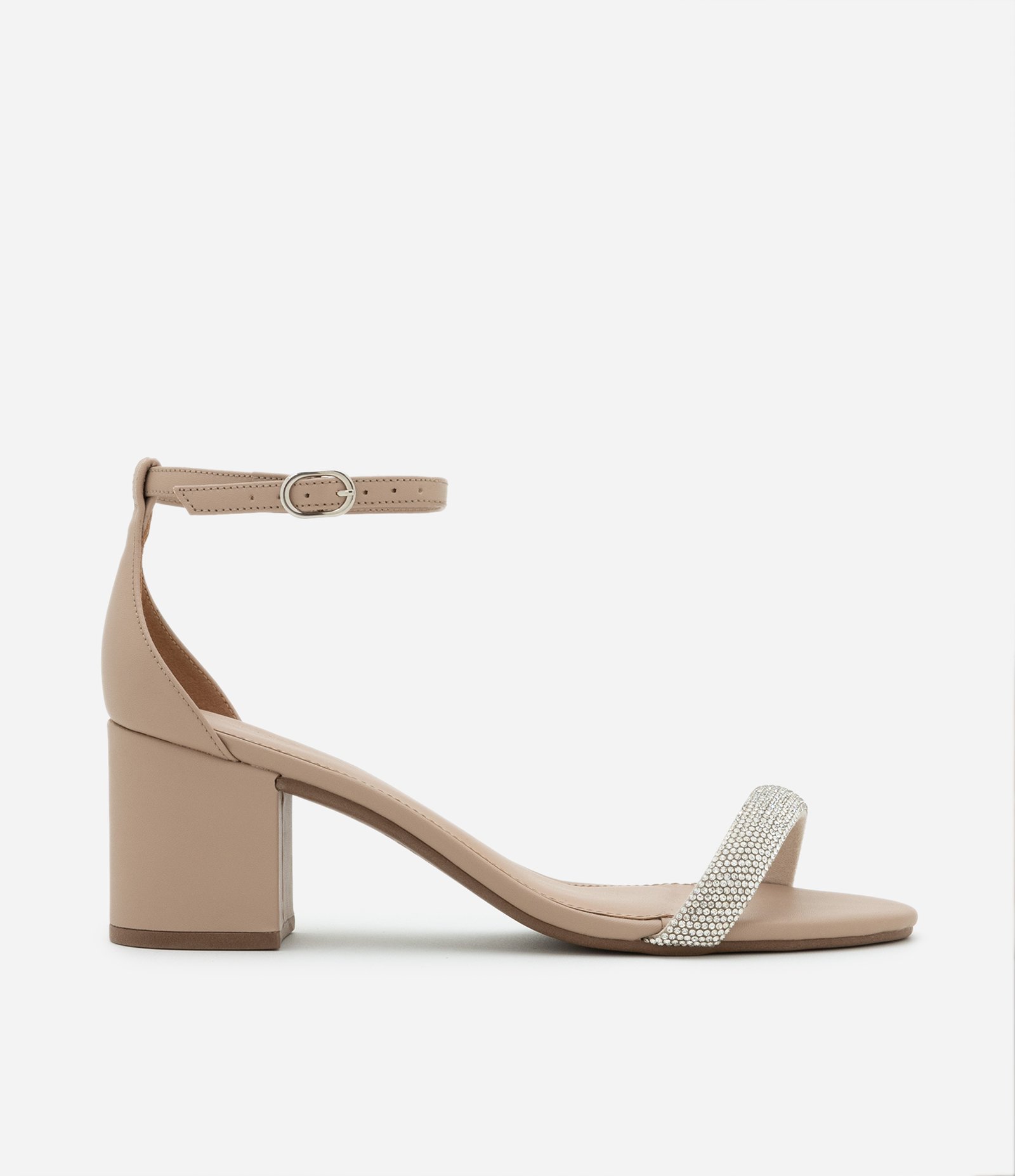 Sandália com Salto Bloco e Tira de Strass Bege 1
