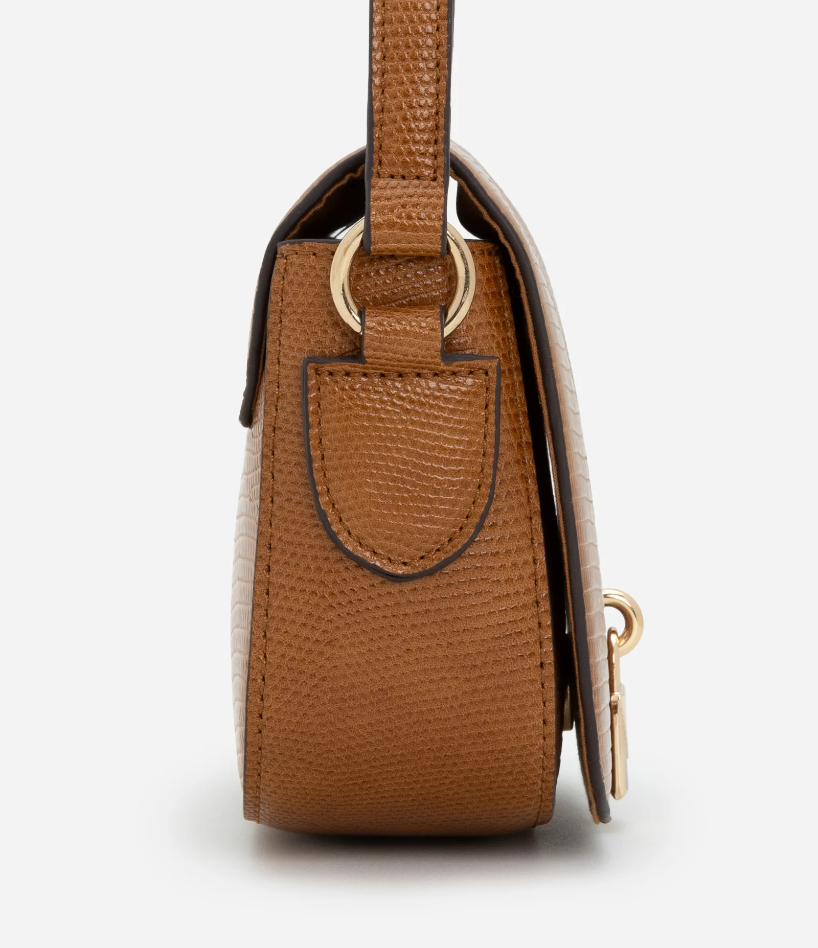 Bolsa Transversal Pequena com Tampa Lezzard e Detalhe de Cadeado Caramelo 2