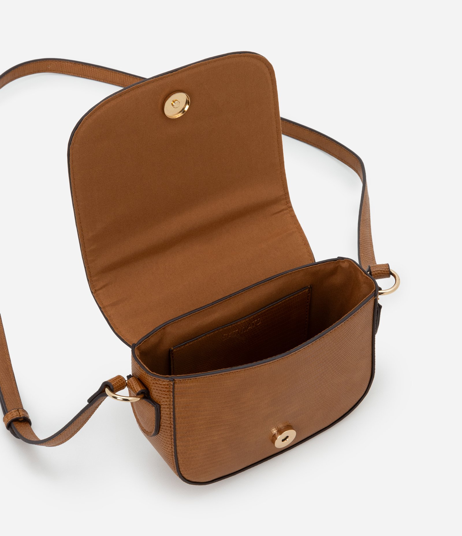 Bolsa Transversal Pequena com Tampa Lezzard e Detalhe de Cadeado Caramelo 3