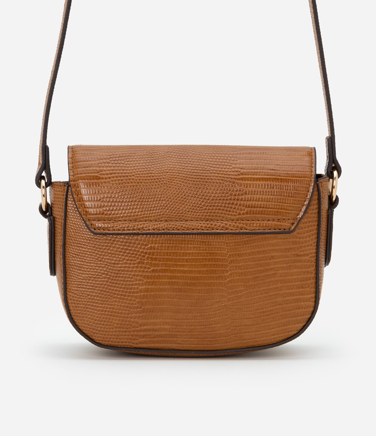 Bolsa Transversal Pequena com Tampa Lezzard e Detalhe de Cadeado Caramelo 4