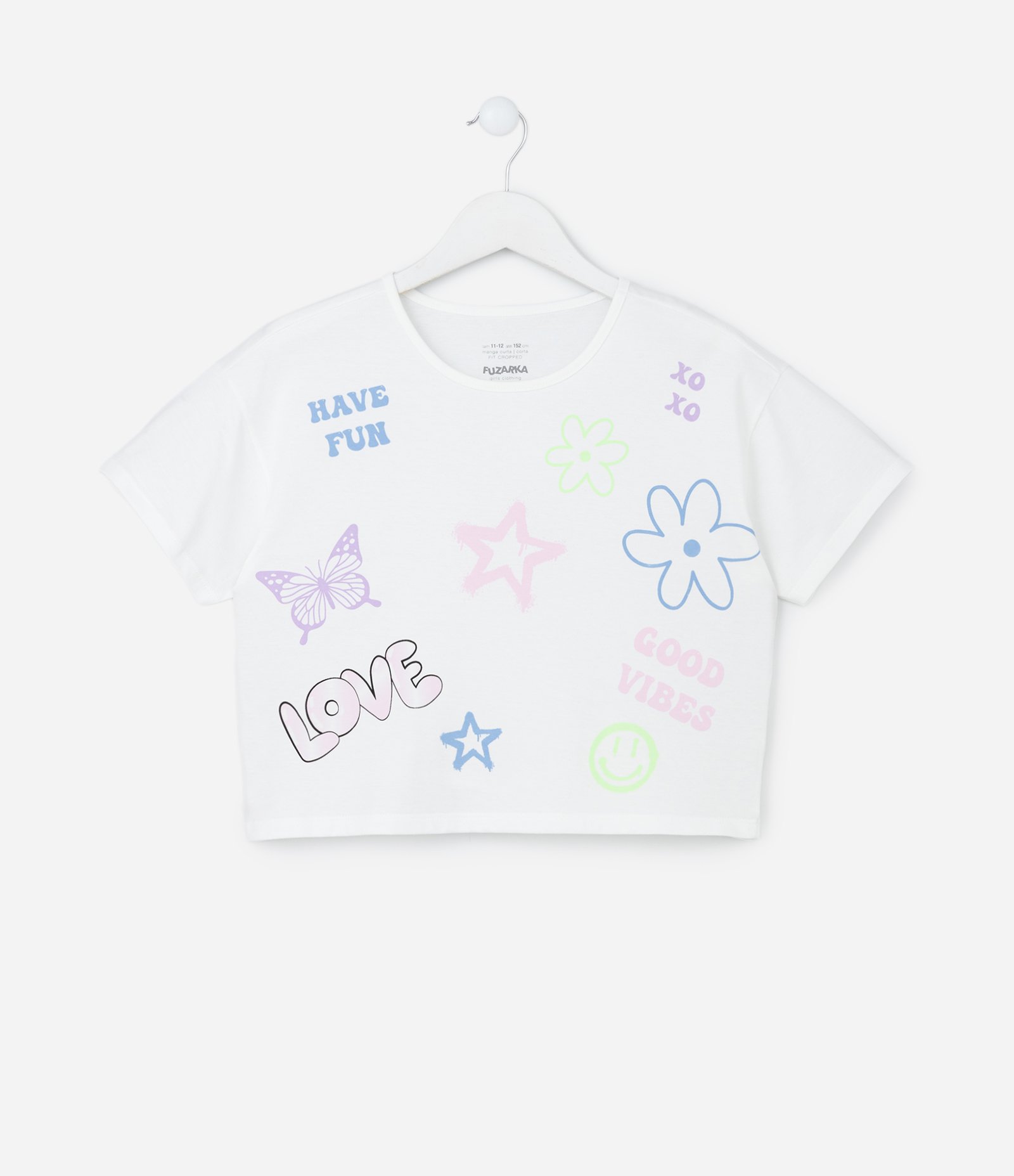 Camiseta Cropped Infantil com Estampa Doodles - Tam 5 a 14 Anos Branco Neve 1