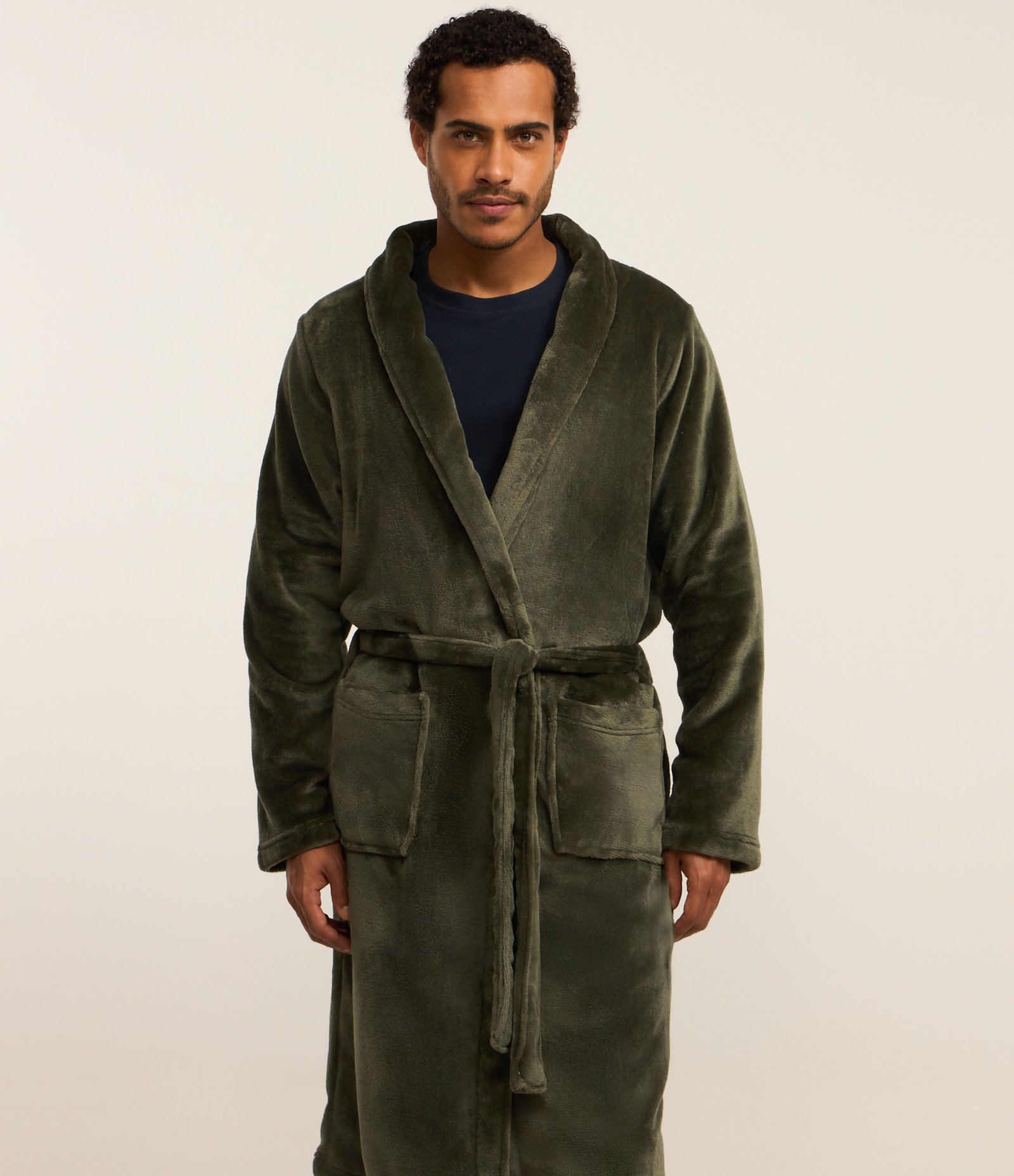 Roupão em Fleece com Amarração e Bolsos Verde Acinzentado 2