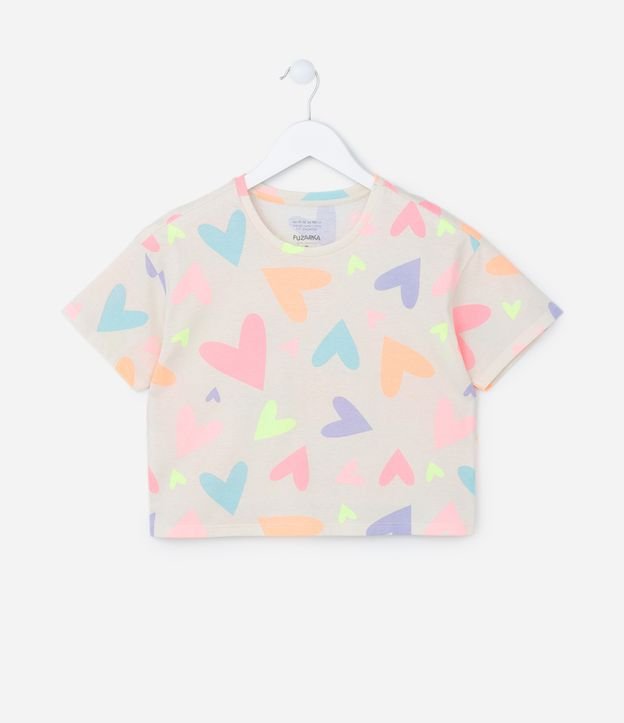 Camiseta Curta Infantil com Estampa Corações - Tam 5 a 14 Anos