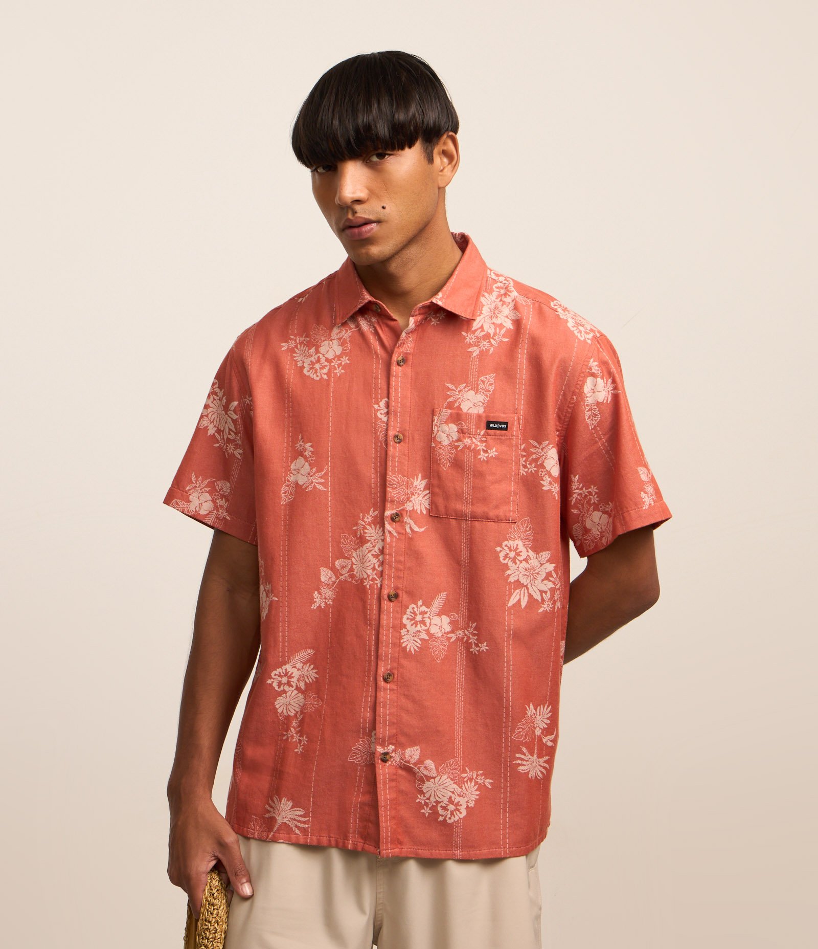 Camisa Relaxed em Jacquard com Estampa Floral Vermelho Alaranjado 1