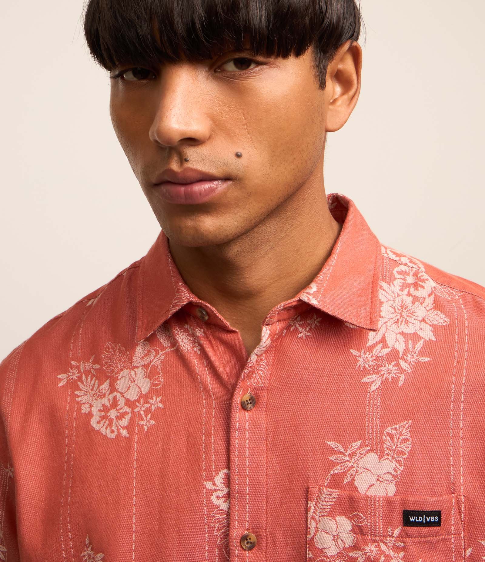Camisa Relaxed em Jacquard com Estampa Floral Vermelho Alaranjado 3