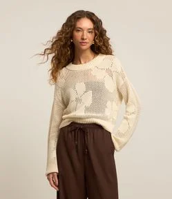 Suéter Curto em Jacquard Floral e com Ponto Aberto