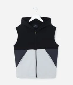 Colete Infantil em Moletom com Capuz e Bolsos em Bloco de Cores - Tam 5 a 14 Anos