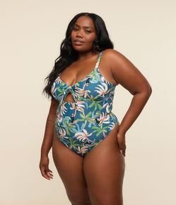 Maiô de Estampa Tropical com Nó no Decote Curve & Plus Size