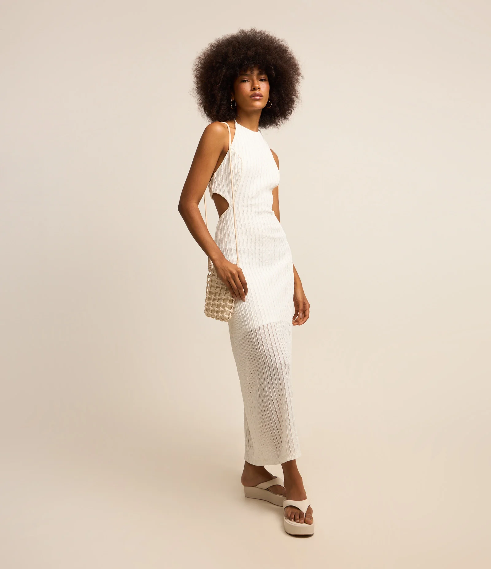 Vestido New Midi Cut Out com Textura Branco 1