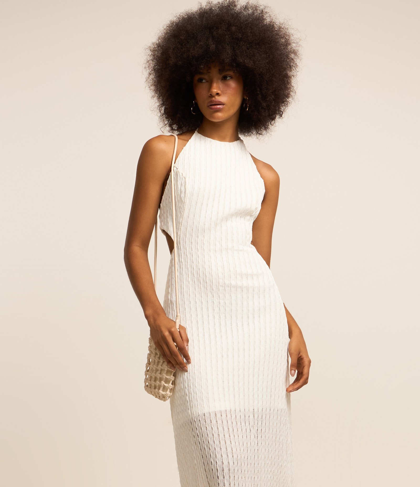 Vestido New Midi Cut Out com Textura Branco 2