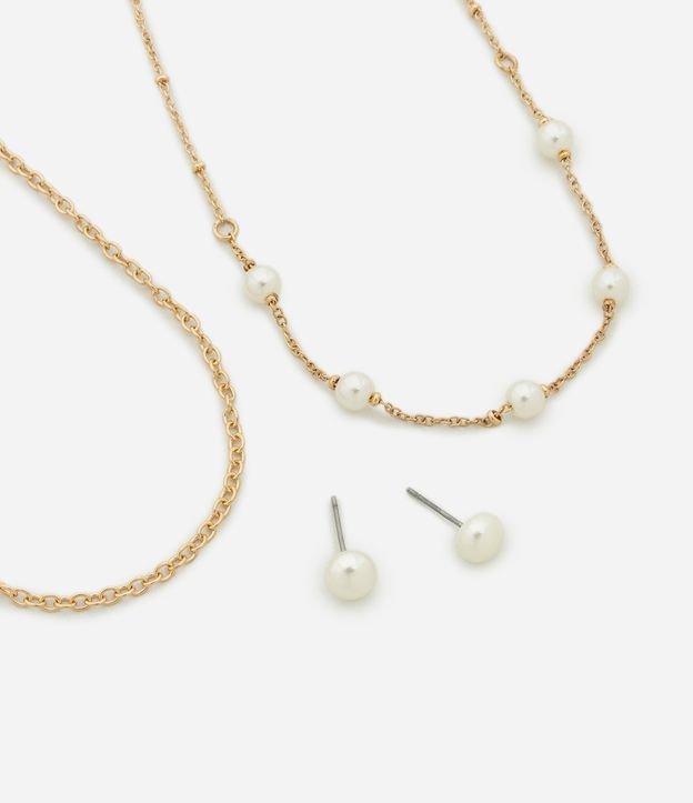 Conjunto de Colar Camadas com Aplicação de Pérola Artificial e Brinco Botão