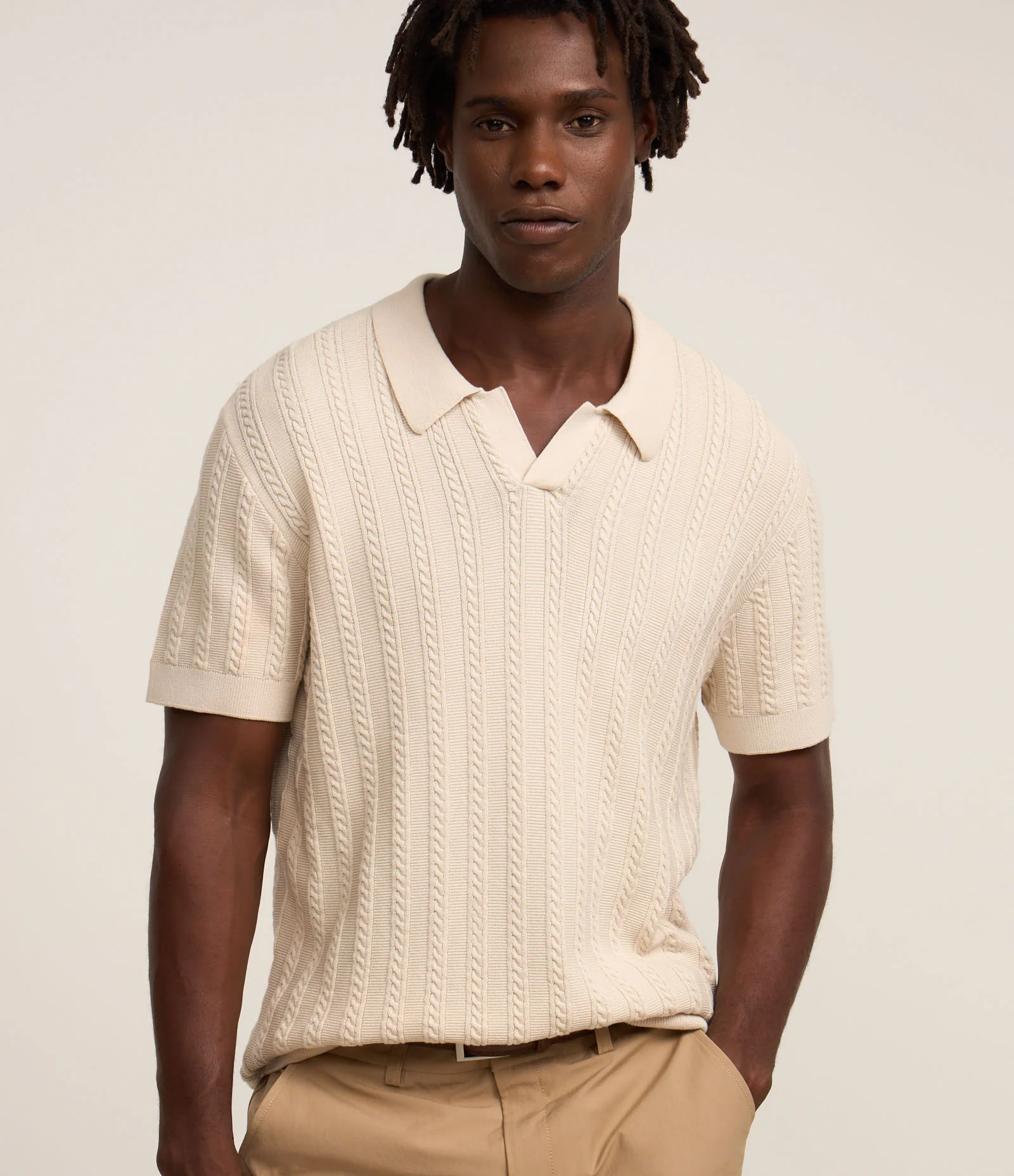 Camisa Polo Regular com Textura Trançada Bege 1