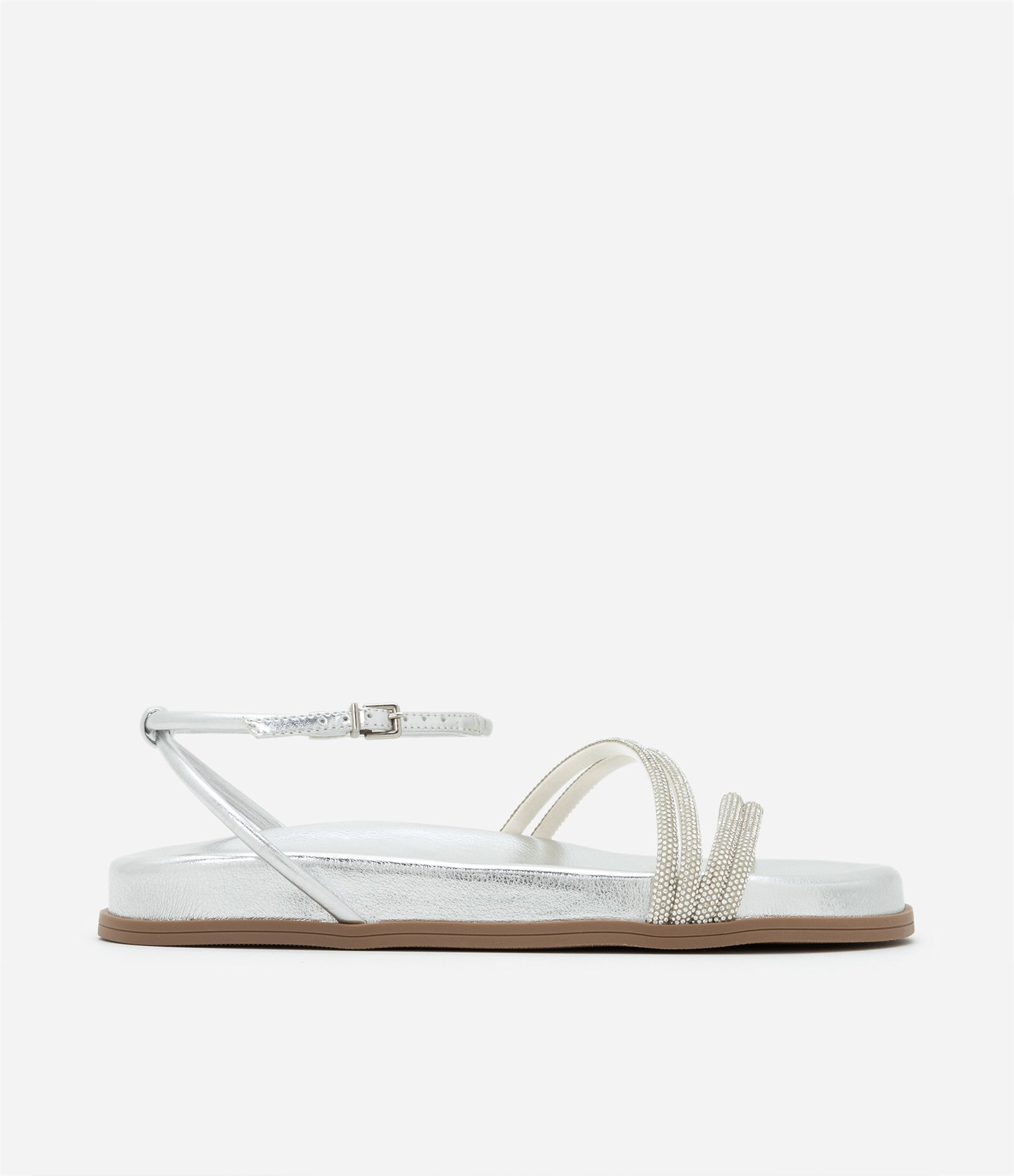 Sandália Rasteira em PU com Tiras de Strass Prata 1