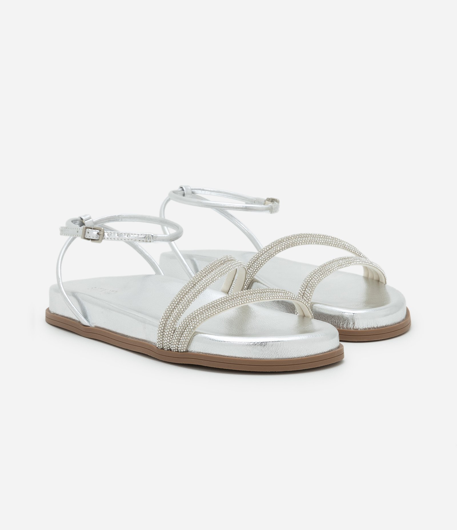Sandália Rasteira em PU com Tiras de Strass Prata 2