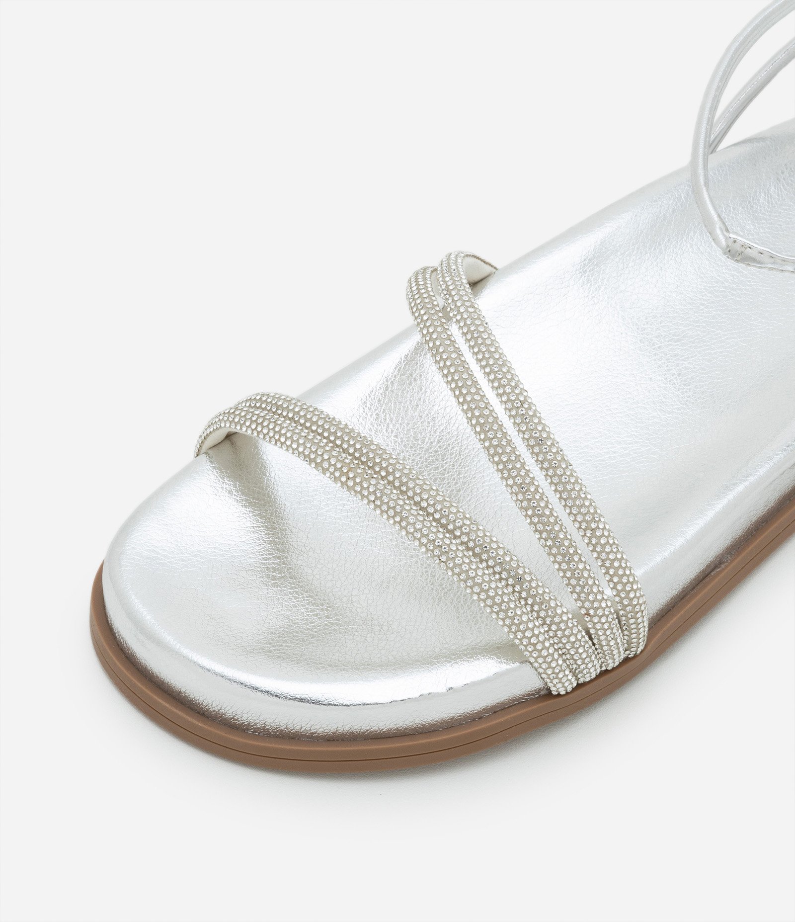 Sandália Rasteira em PU com Tiras de Strass Prata 5