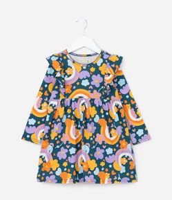 Vestido Infantil com Babados nos Ombros e Estampa Divertida - Tam 1 a 5 anos