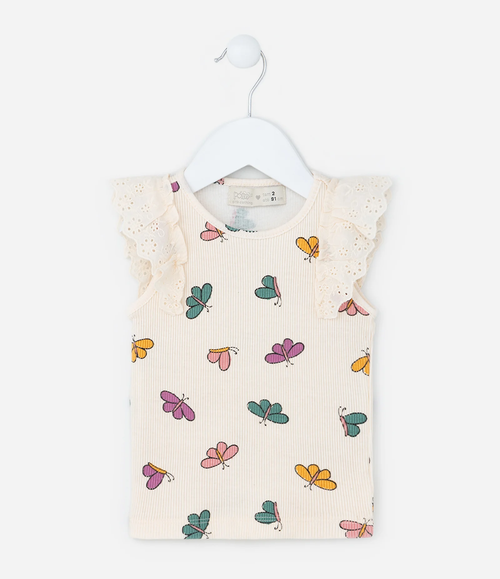 Regata Infantil com Broderie nos Ombros e Estampada de Borboletas - Tam 1 a 5 anos Off White 1