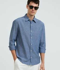 Camisa Regular Básica em Linho com Gola Colarinho