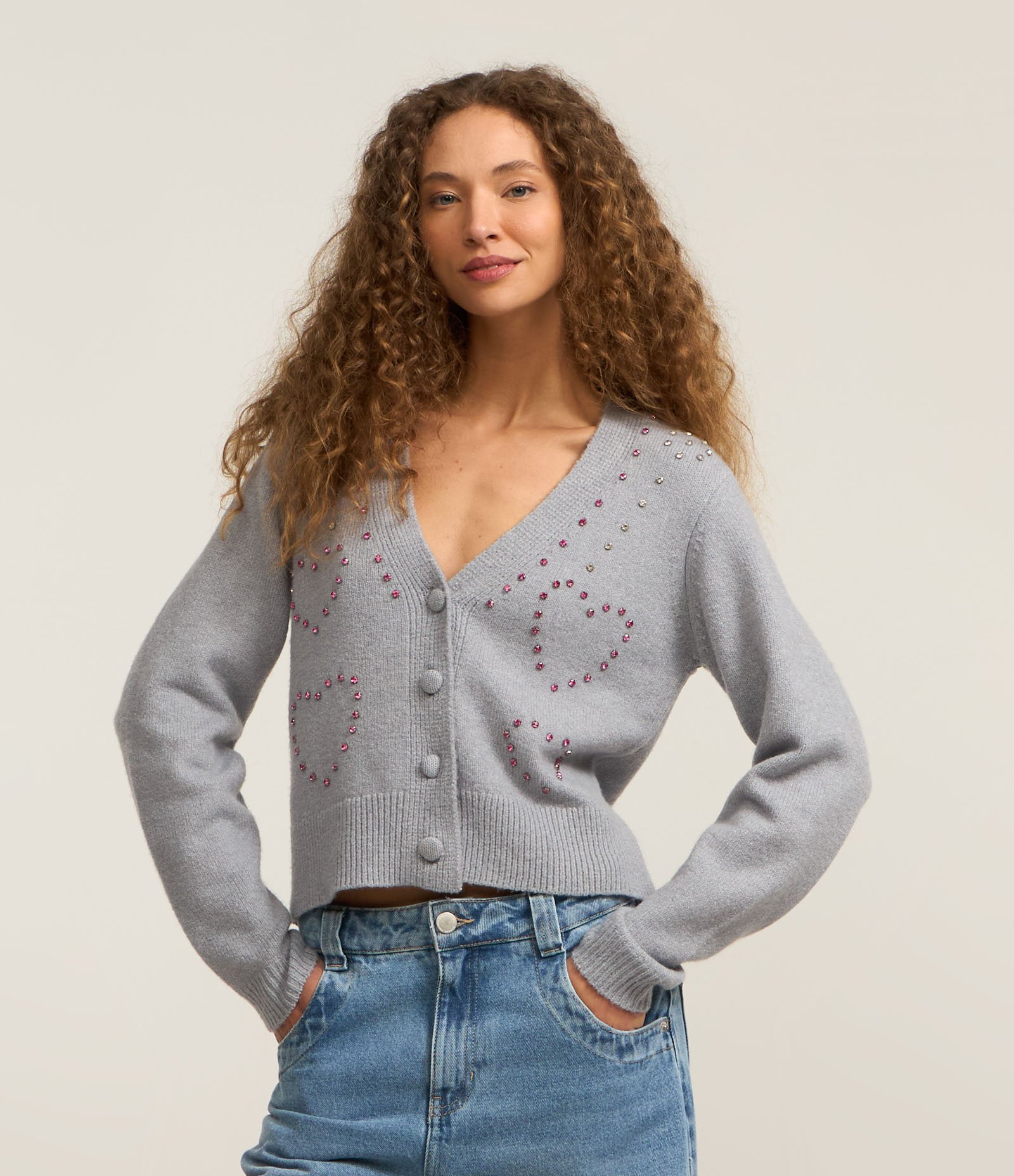 Cardigan Curto em Tricô com Pedrinhas Bordadas Cinza 1