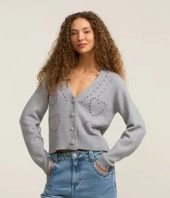 Cardigan Curto em Tricô com Pedrinhas Bordadas
