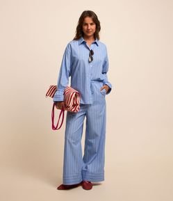 Calça Pantalona em Tricoline Listrado com Amarração