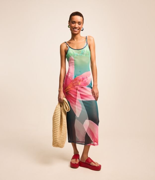 Saída de Praia Vestido Midi com Decote Costas e Estampa Floral