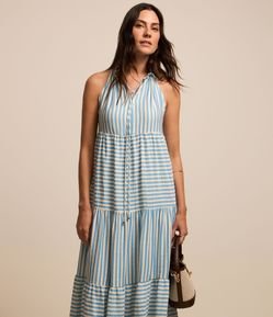 Vestido Evasê New Midi em Viscose Listrada  com Barra Franzida