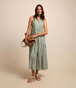 Vestido Evasê New Midi em Viscose Listrada  com Barra Franzida