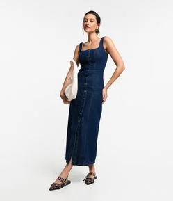 Vestido New Midi Sem Manga em Jeans com Abotoamento
