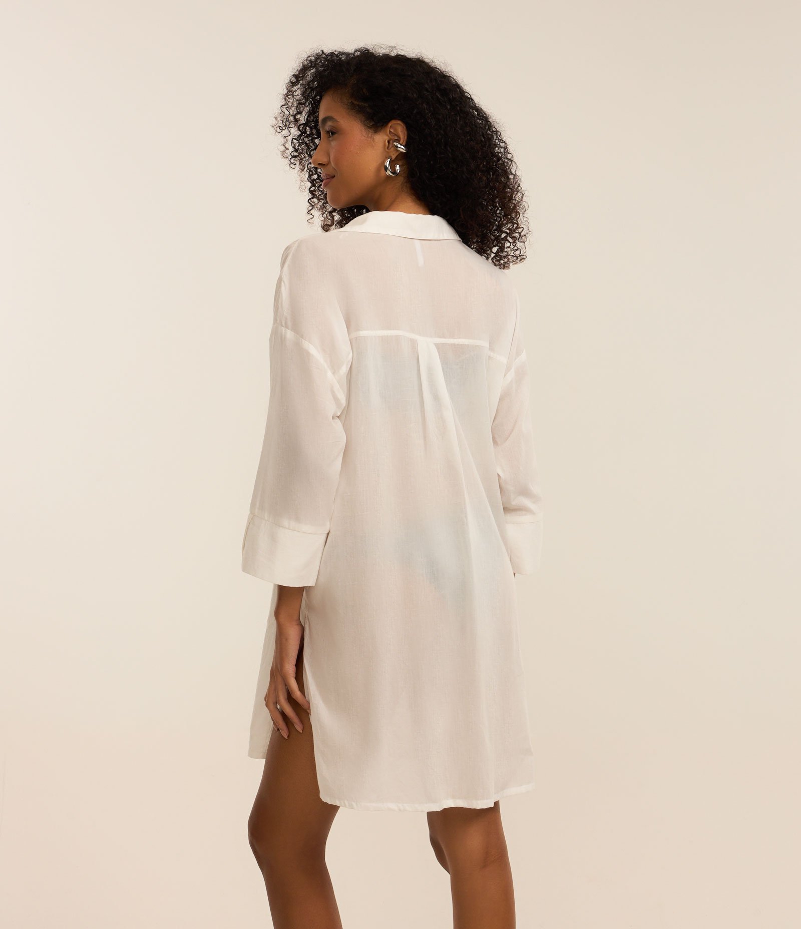 Saída de Praia Bata Chemise em Voal com Botões Branco 3