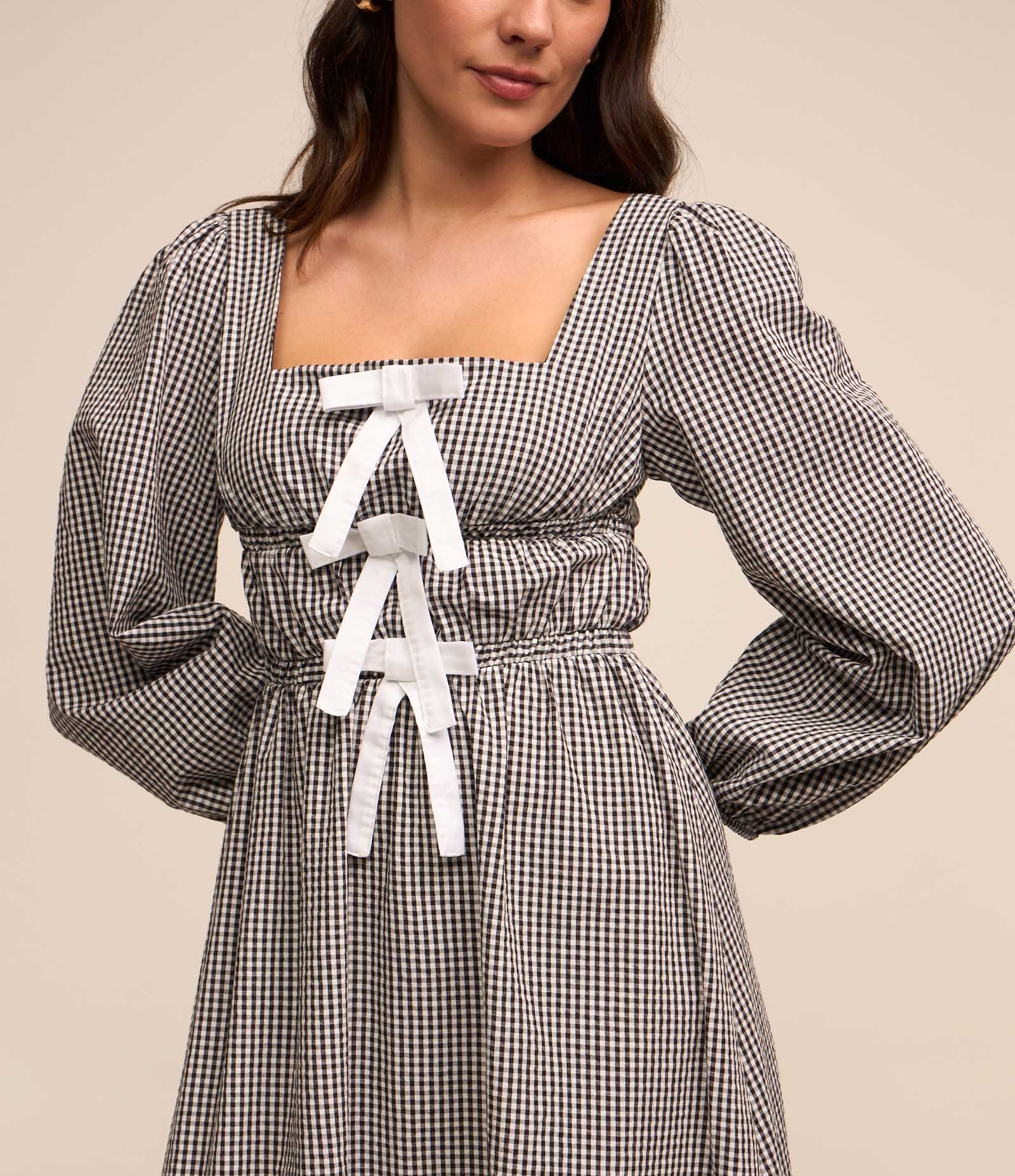 Vestido Midi em Ana Ruga com Manga Bufante e Estampa Xadrex Cinza Escuro/ Branco 4