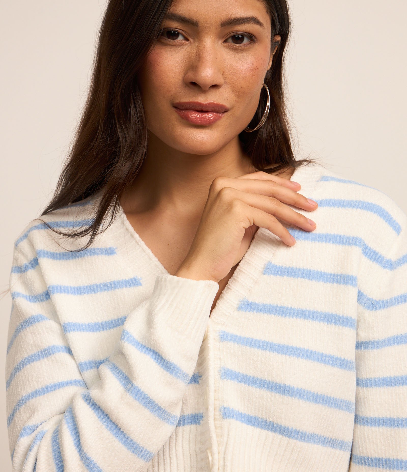 Cardigan Cropped em Chenille com Listras e Botões Branco/Azul 3