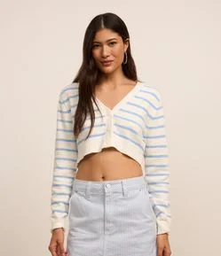 Cardigan Cropped em Chenille com Listras e Botões