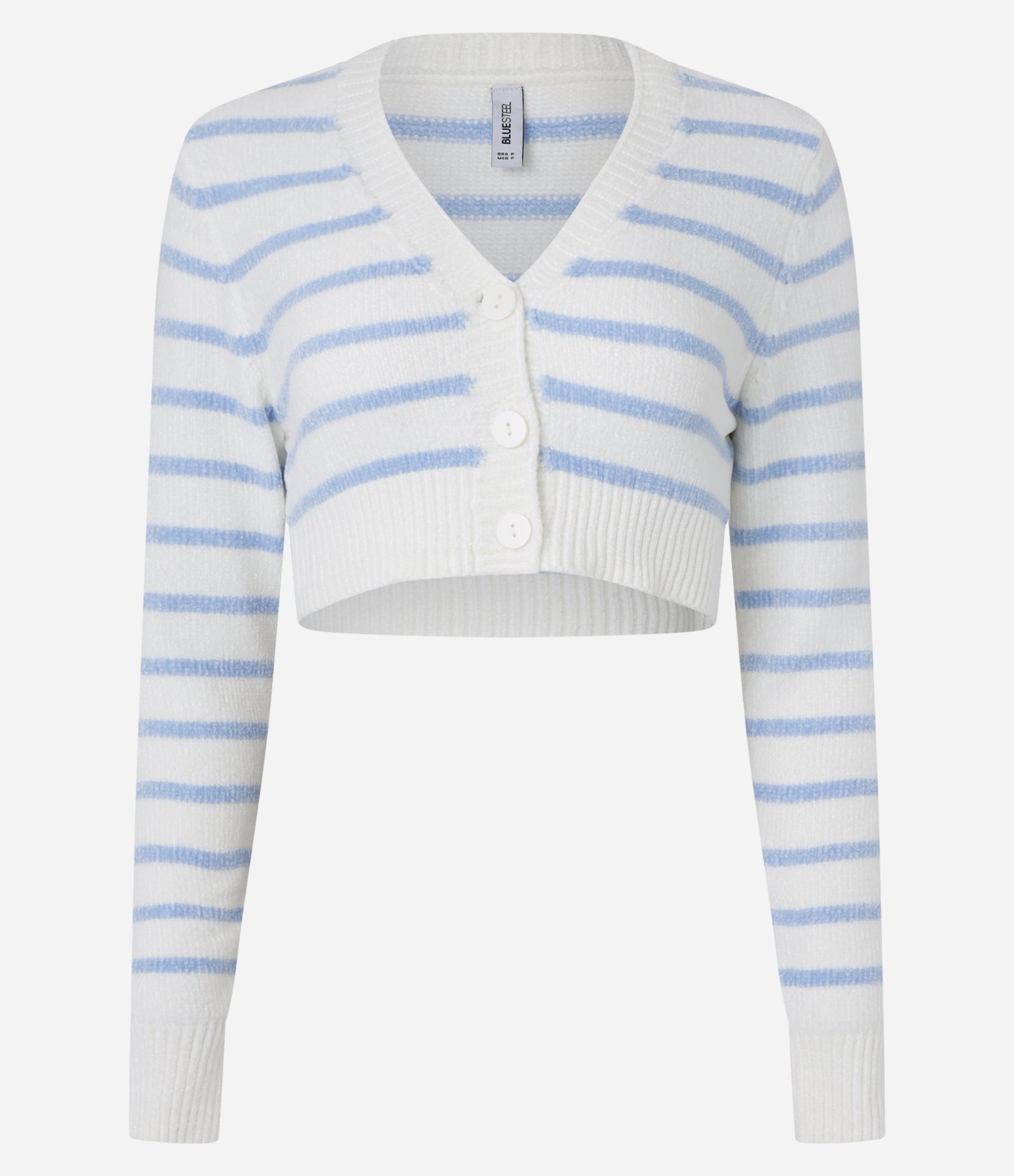 Cardigan Cropped em Chenille com Listras e Botões Branco/Azul 4