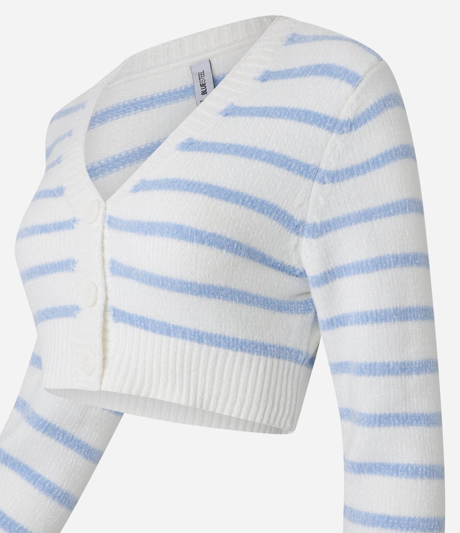 Cardigan Cropped em Chenille com Listras e Botões Branco/Azul 5