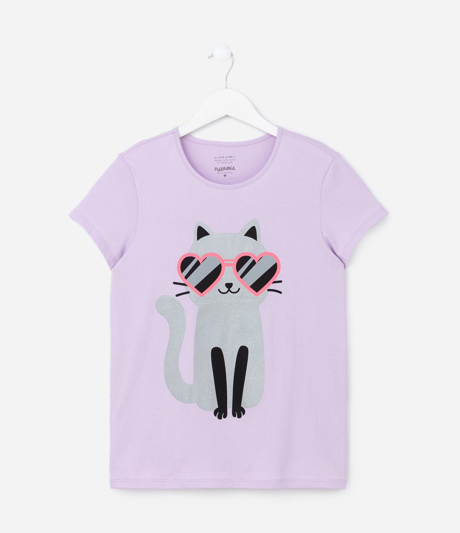 Camiseta Infantil em Algodão com Estampa Gato de Óculos - Tam 5 A 14 Anos Lilás 1